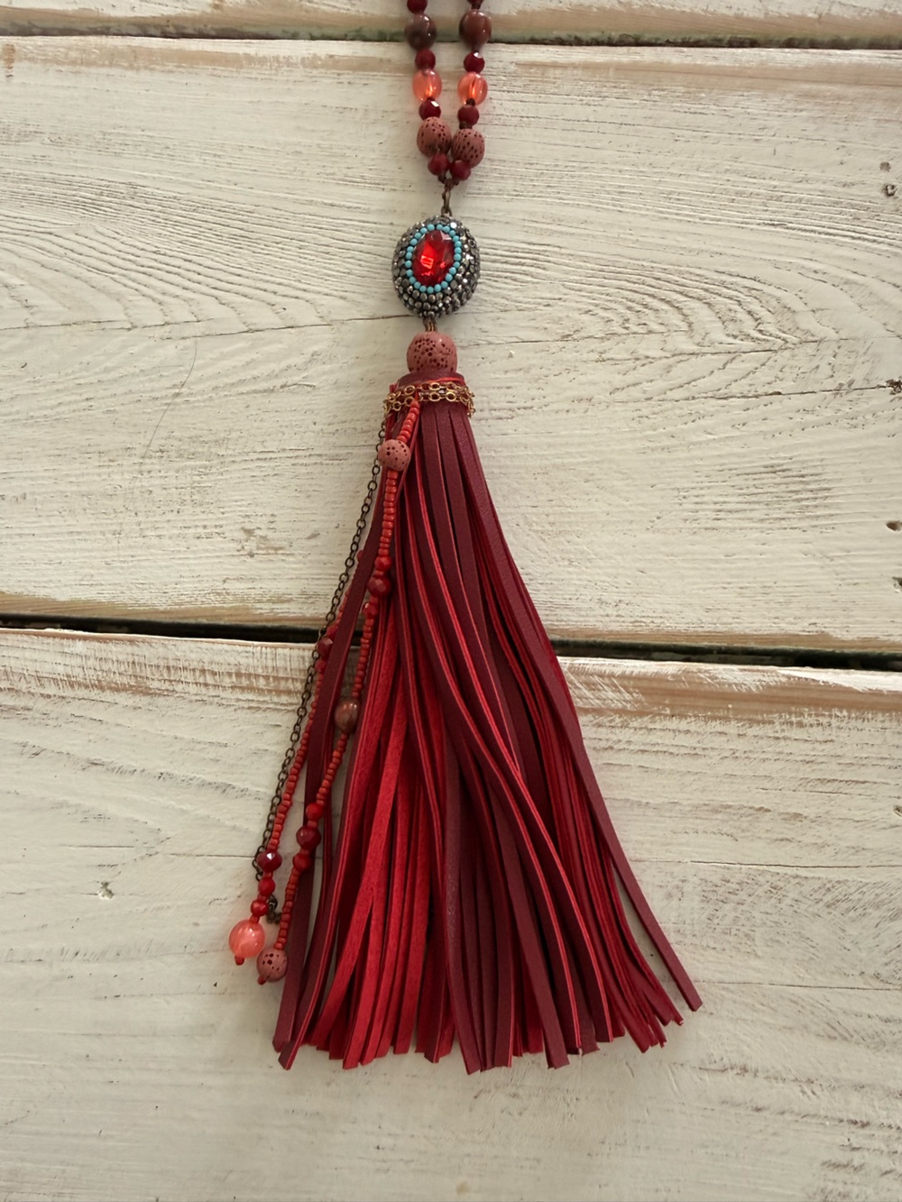Layered Tassel & Bead Necklace Set - Red, Cream, Green, Brown, Gold (Mud Pie) - Picture 10 of 12